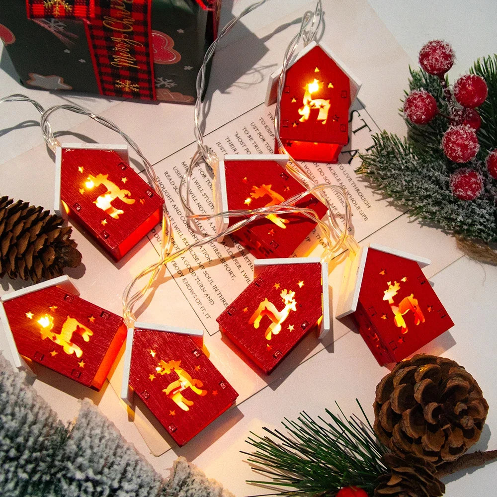Christmas Wooden House LED String Light Xmas Tree Garland Home Fairy Lamp Merry Christmas Hanging Ornament 2025New Year Gift Noe