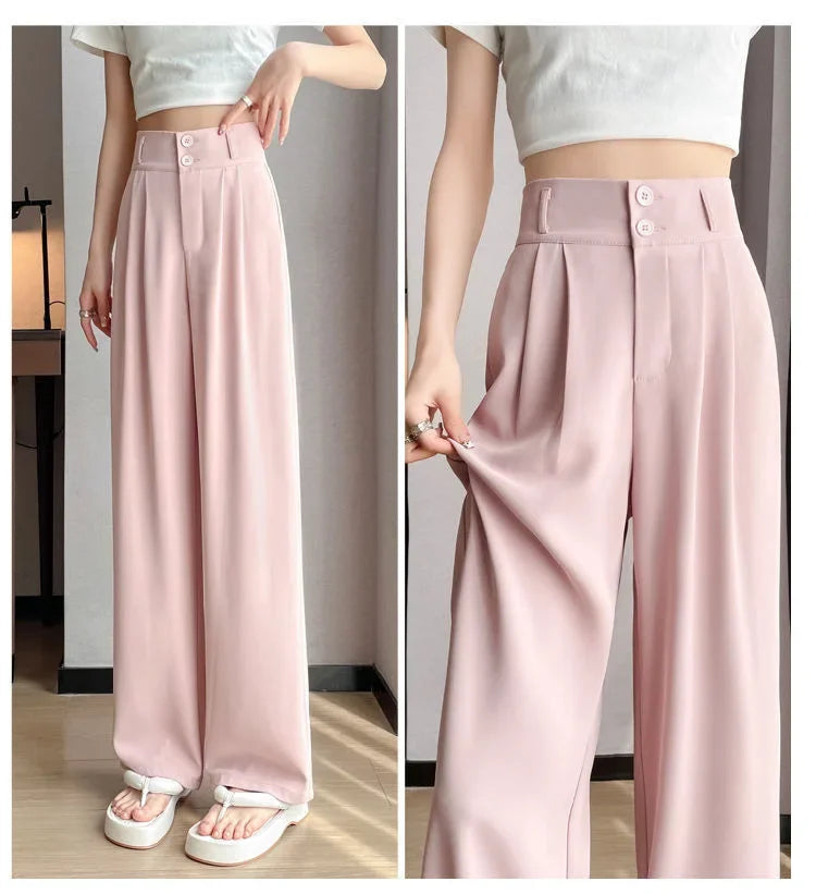 Summer Thin Pink Straight-Leg Ice Silk Bell Bottoms High-Waisted Slim Fit Women&