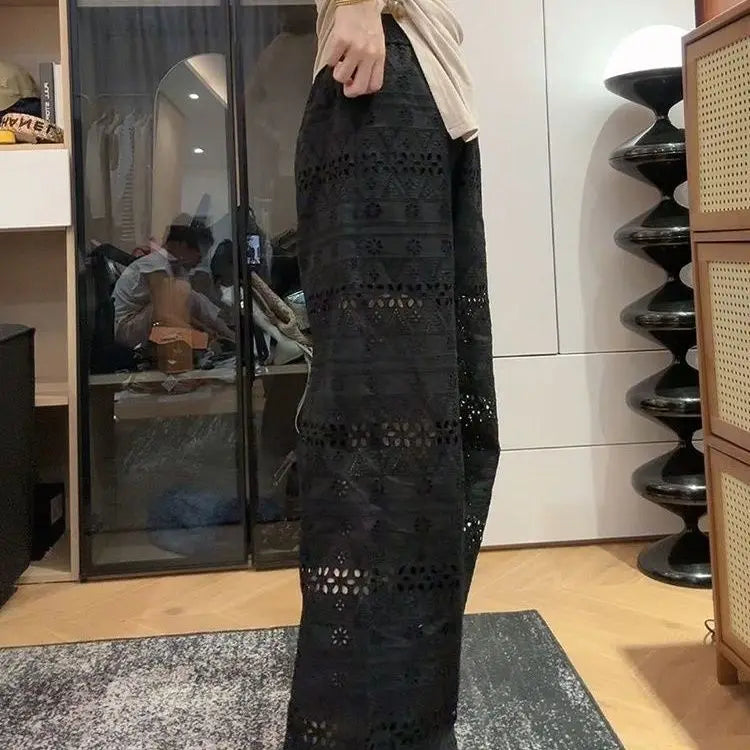Summer Thin High-waisted Lace Hollow Floor-length Wide-leg Pants for Women, Loose Casual Straight-leg Pants