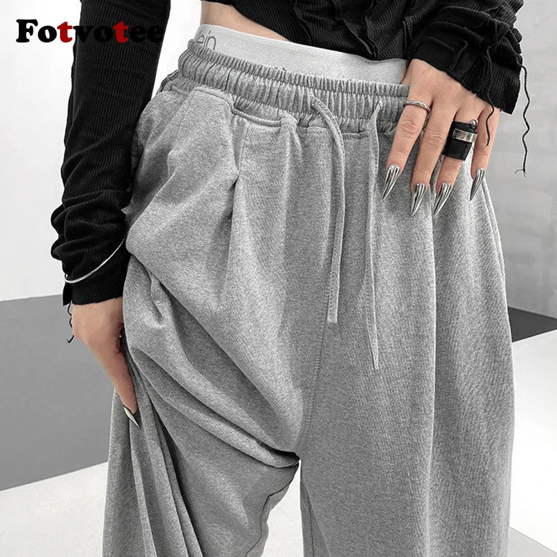 FOTVOTEE Casual Drawstring Sweatpants Women Fashion Loose High-waisted Slimming Harem Pants 2025 New All Match Simple Joggers