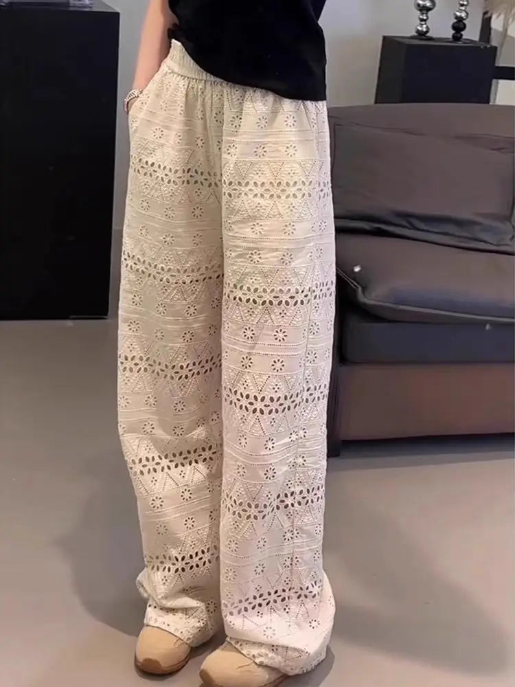 Summer Thin High-waisted Lace Hollow Floor-length Wide-leg Pants for Women, Loose Casual Straight-leg Pants