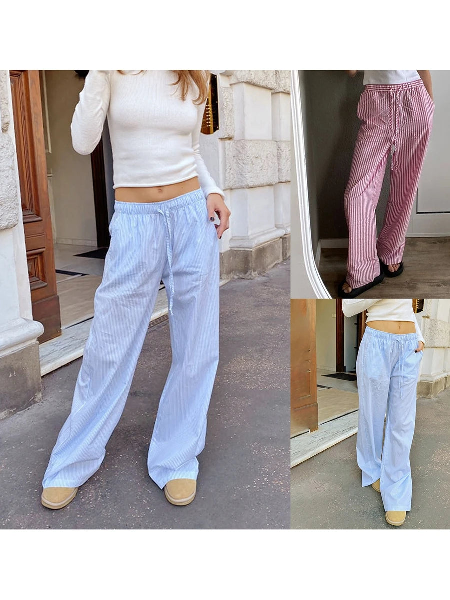 2024 New Fashion Traf Women Casual Stripe Print Pants Drawstring Elastic Waist Loose Straight Long Pants with Pockets Streetwear