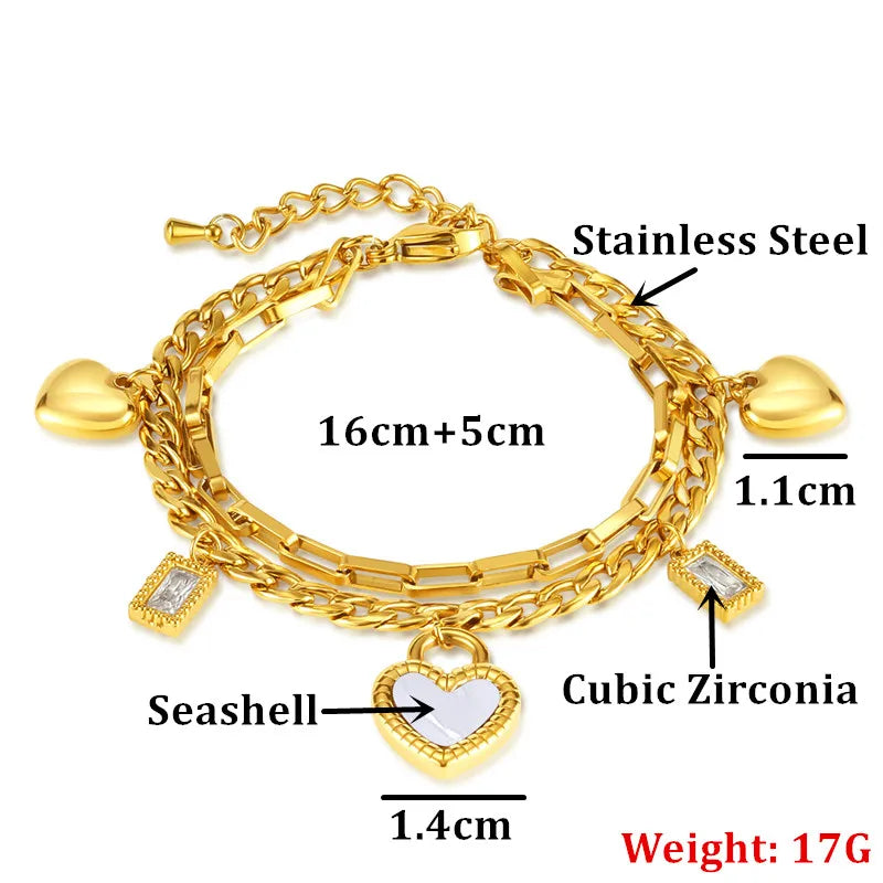 316L Stainless Steel New Fashion Fine Jewelry Black White Double-sided Seashell Zircon Heart Charm Chain Bracelets For Women
