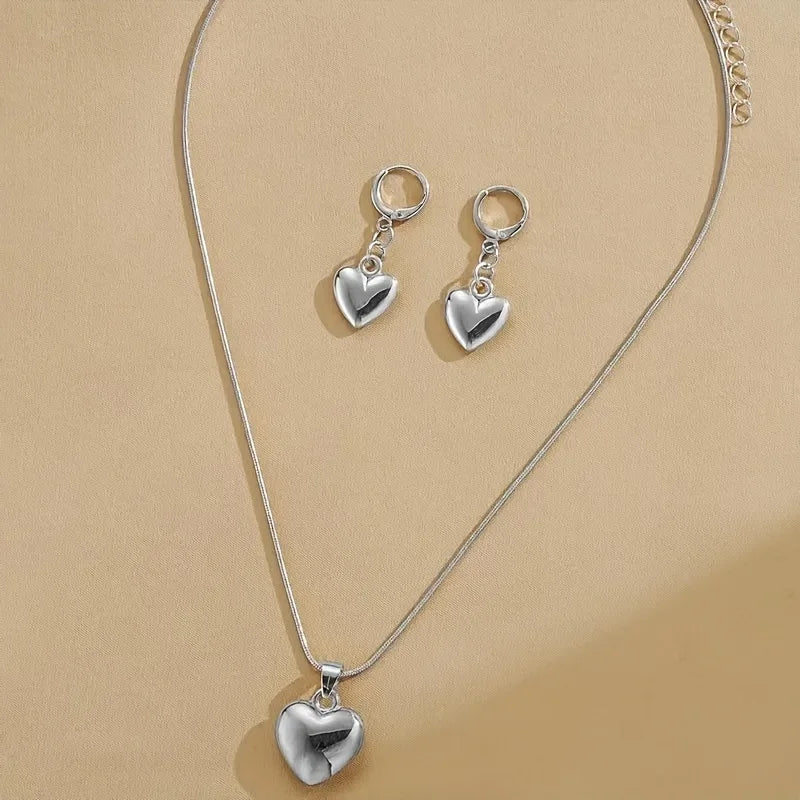 Vintage Simple Heart Shaped Pendant Necklace Earring Set Elegant Charm Smooth Metal Hoop Earrings Women&