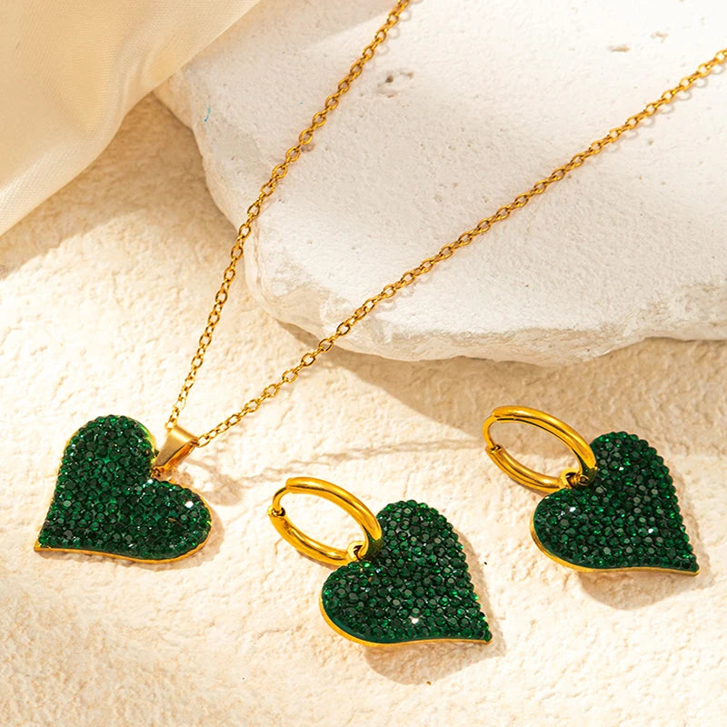 ANENJERY 316L Stainless Steel Green White Zircon Love Heart Necklace Earrings For Women Sparkling Jewelry Gifts Wholesale