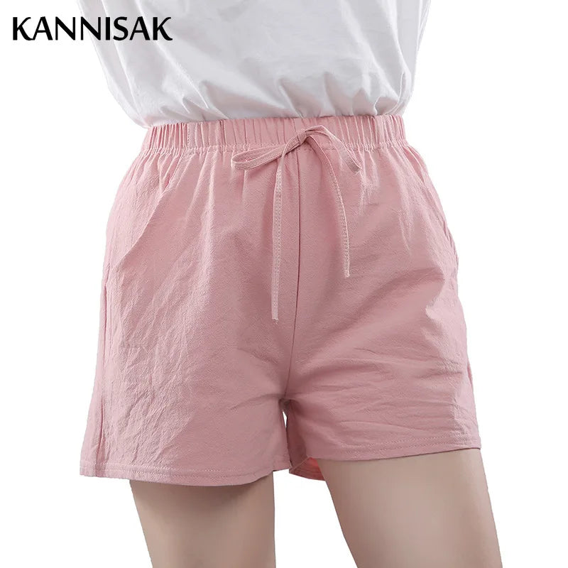 Women Shorts Summer 2025 Korean Wide Leg Casual Solid Drawstring Elastic Waist Shorts Girls Cotton Women&