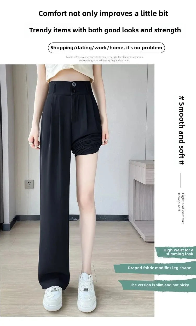 Summer Thin Pink Straight-Leg Ice Silk Bell Bottoms High-Waisted Slim Fit Women&