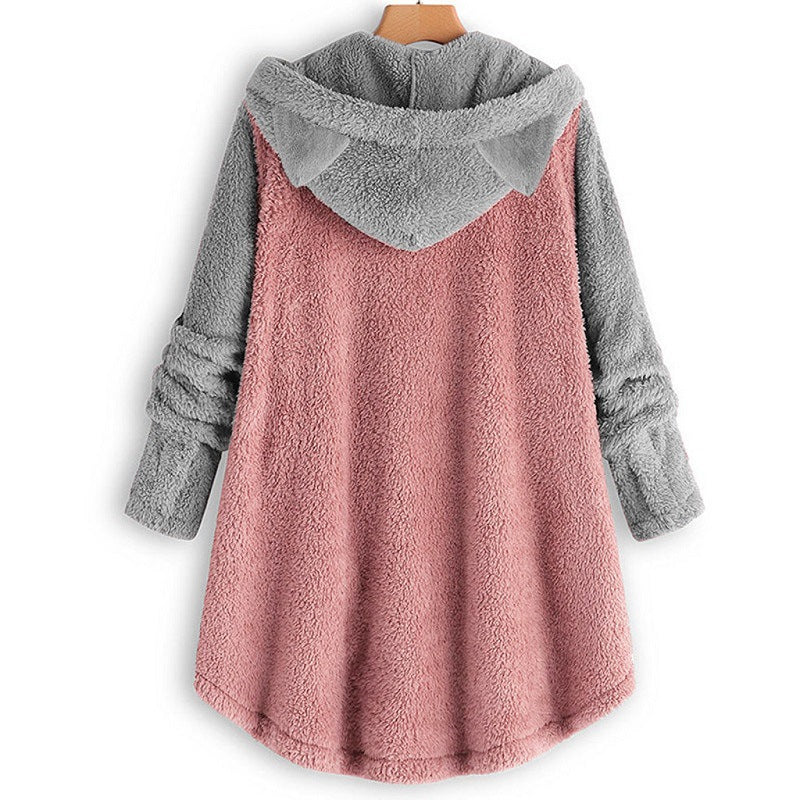 Cat Print Long Hoodies Sweatshirt Women Fleece Warm Button Pocket Pullovers Cat Ear Plus Size Hoodie Top Blouse Sweat Femme