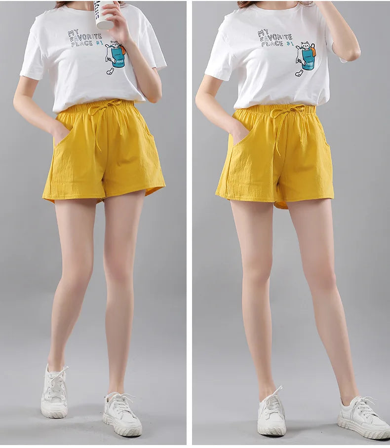 Women Shorts Summer 2025 Korean Wide Leg Casual Solid Drawstring Elastic Waist Shorts Girls Cotton Women&