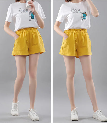 Women Shorts Summer 2025 Korean Wide Leg Casual Solid Drawstring Elastic Waist Shorts Girls Cotton Women&