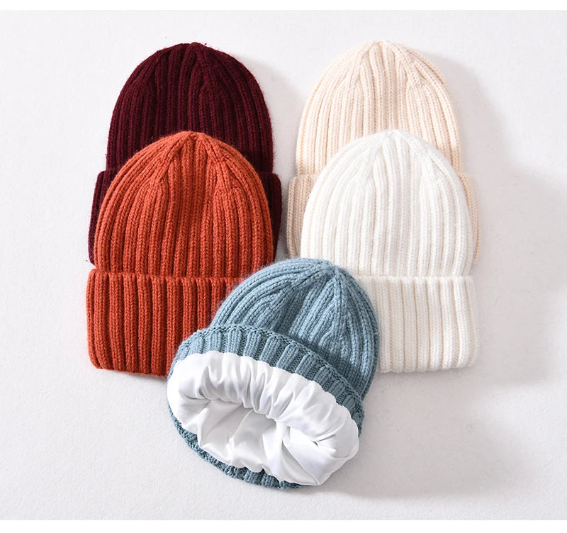 Winter Silk Satin Lined Beanie Hats Women Men Unisex Thick Chunky Cap Striped Warm Soft High Quality Cashmere Knitted Beanie Hat