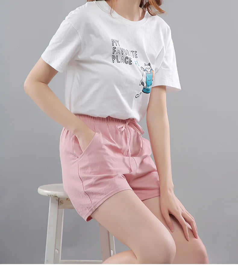 Women Shorts Summer 2025 Korean Wide Leg Casual Solid Drawstring Elastic Waist Shorts Girls Cotton Women&