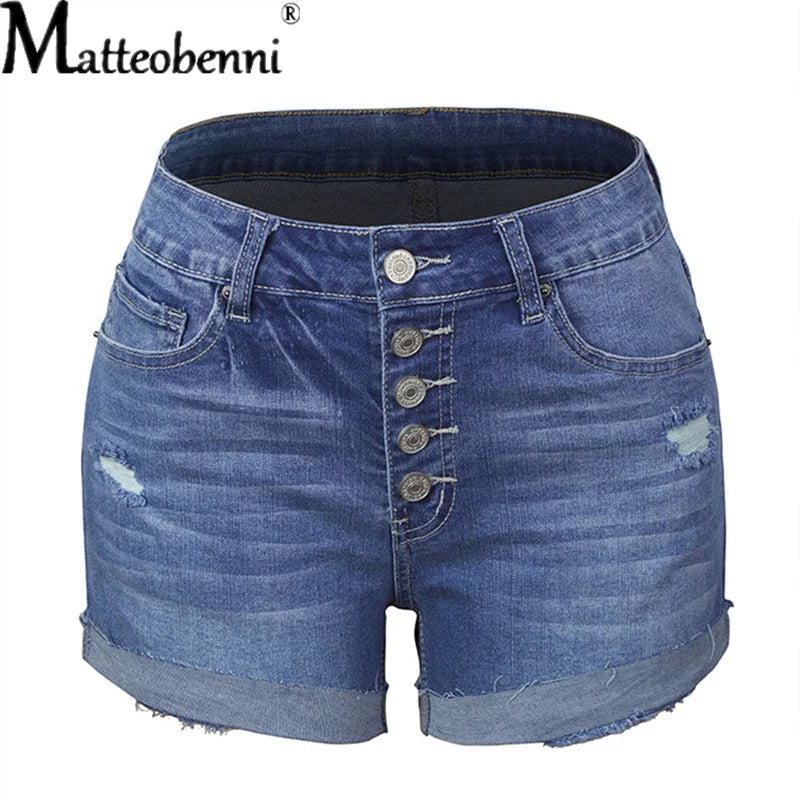 Summer Women Sexy High Waist Jeans Ripped Casual Slim Female Fashion Elastic Blue Buttons Washed Short Denim Shorts