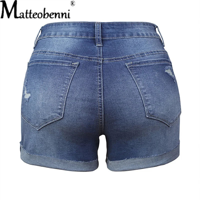 Summer Women Sexy High Waist Jeans Ripped Casual Slim Female Fashion Elastic Blue Buttons Washed Short Denim Shorts