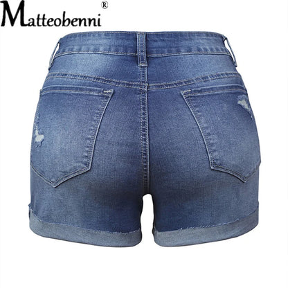 Summer Women Sexy High Waist Jeans Ripped Casual Slim Female Fashion Elastic Blue Buttons Washed Short Denim Shorts