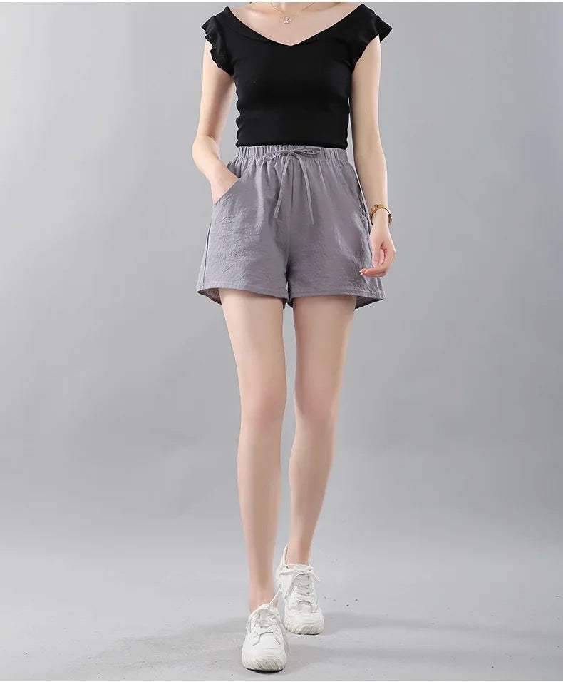 Women Shorts Summer 2025 Korean Wide Leg Casual Solid Drawstring Elastic Waist Shorts Girls Cotton Women&
