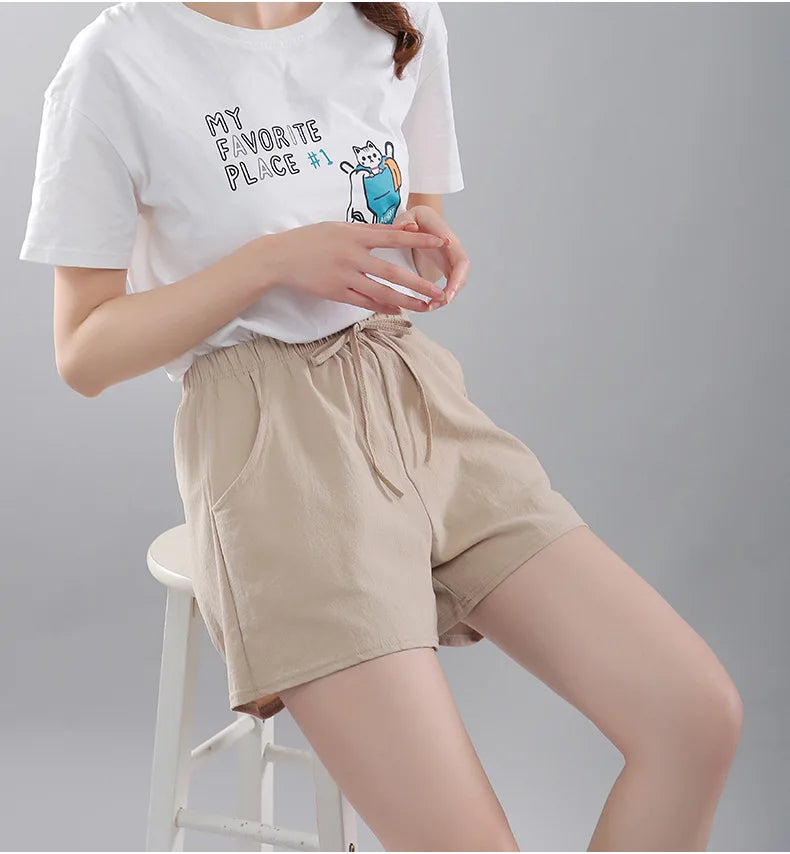 Women Shorts Summer 2025 Korean Wide Leg Casual Solid Drawstring Elastic Waist Shorts Girls Cotton Women&