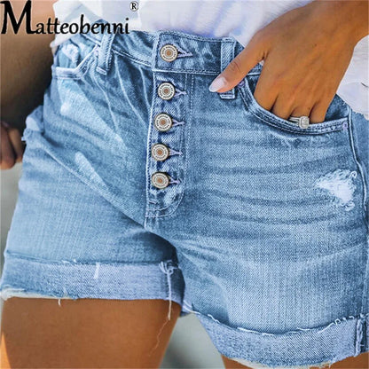 Summer Women Sexy High Waist Jeans Ripped Casual Slim Female Fashion Elastic Blue Buttons Washed Short Denim Shorts