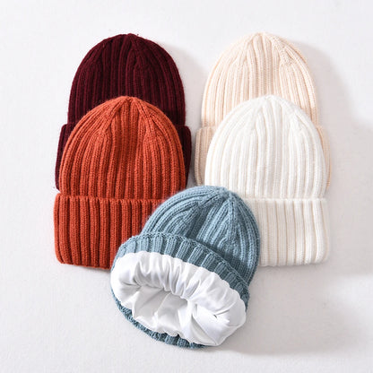 Winter Silk Satin Lined Beanie Hats Women Men Unisex Thick Chunky Cap Striped Warm Soft High Quality Cashmere Knitted Beanie Hat