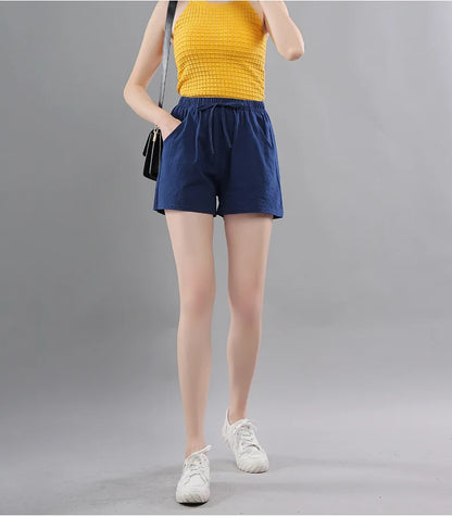 Women Shorts Summer 2025 Korean Wide Leg Casual Solid Drawstring Elastic Waist Shorts Girls Cotton Women&