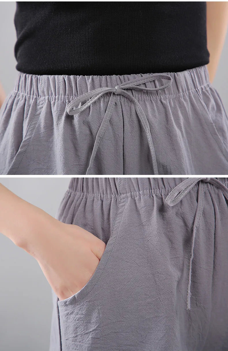 Women Shorts Summer 2025 Korean Wide Leg Casual Solid Drawstring Elastic Waist Shorts Girls Cotton Women&