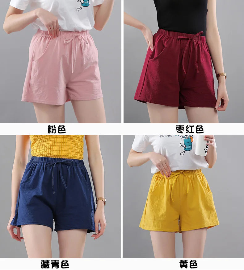 Women Shorts Summer 2025 Korean Wide Leg Casual Solid Drawstring Elastic Waist Shorts Girls Cotton Women&