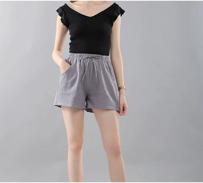 Women Shorts Summer 2025 Korean Wide Leg Casual Solid Drawstring Elastic Waist Shorts Girls Cotton Women&