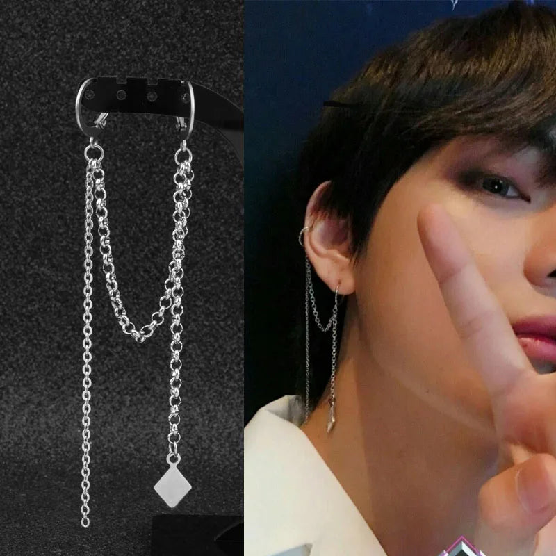 Punk Ear Clip Cuff Earrings for Men Women Tassel Chain Stainless Steel Rock Stud Earring Hip hop Grunge Accessories Unisex Gift