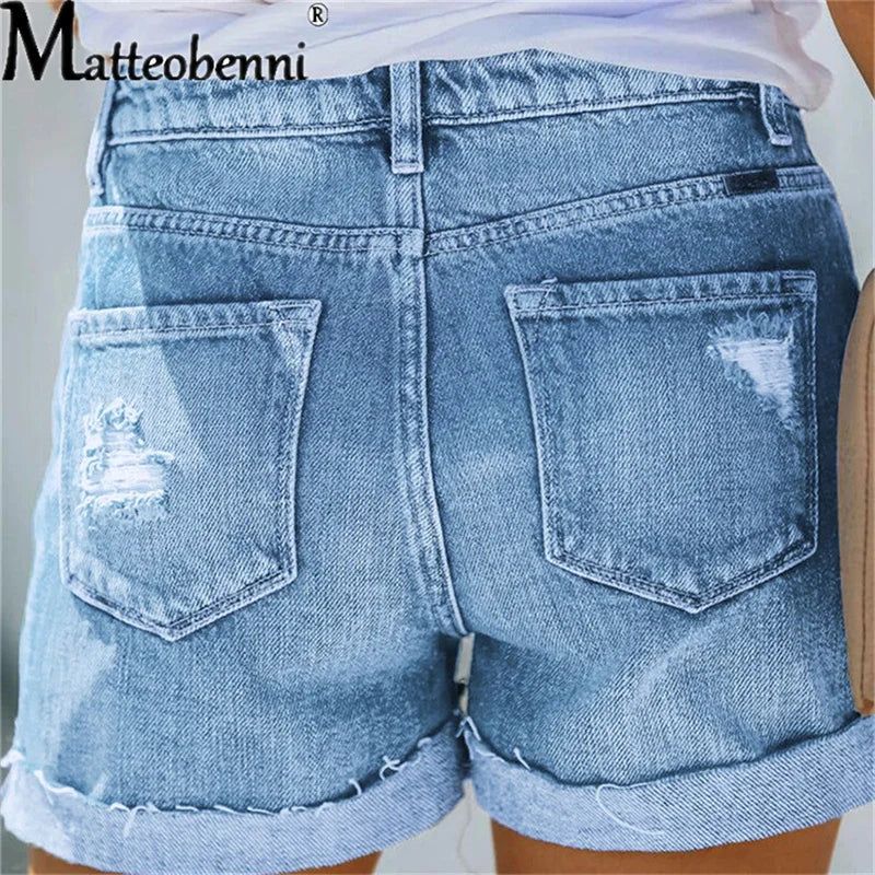 Summer Women Sexy High Waist Jeans Ripped Casual Slim Female Fashion Elastic Blue Buttons Washed Short Denim Shorts