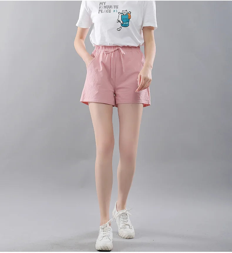 Women Shorts Summer 2025 Korean Wide Leg Casual Solid Drawstring Elastic Waist Shorts Girls Cotton Women&
