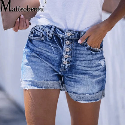 Summer Women Sexy High Waist Jeans Ripped Casual Slim Female Fashion Elastic Blue Buttons Washed Short Denim Shorts
