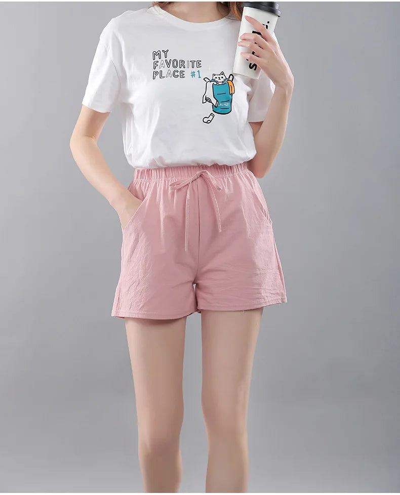 Women Shorts Summer 2025 Korean Wide Leg Casual Solid Drawstring Elastic Waist Shorts Girls Cotton Women&