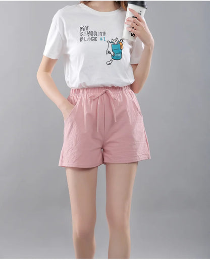 Women Shorts Summer 2025 Korean Wide Leg Casual Solid Drawstring Elastic Waist Shorts Girls Cotton Women&
