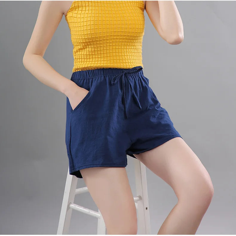 Women Shorts Summer 2025 Korean Wide Leg Casual Solid Drawstring Elastic Waist Shorts Girls Cotton Women&