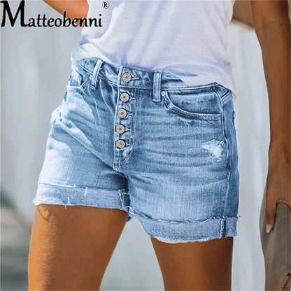 Summer Women Sexy High Waist Jeans Ripped Casual Slim Female Fashion Elastic Blue Buttons Washed Short Denim Shorts
