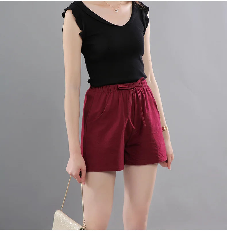 Women Shorts Summer 2025 Korean Wide Leg Casual Solid Drawstring Elastic Waist Shorts Girls Cotton Women&