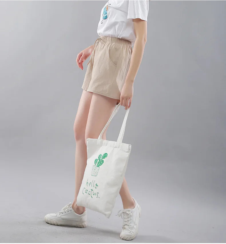 Women Shorts Summer 2025 Korean Wide Leg Casual Solid Drawstring Elastic Waist Shorts Girls Cotton Women&