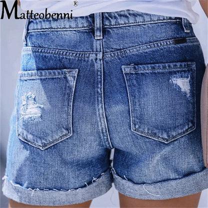 Summer Women Sexy High Waist Jeans Ripped Casual Slim Female Fashion Elastic Blue Buttons Washed Short Denim Shorts