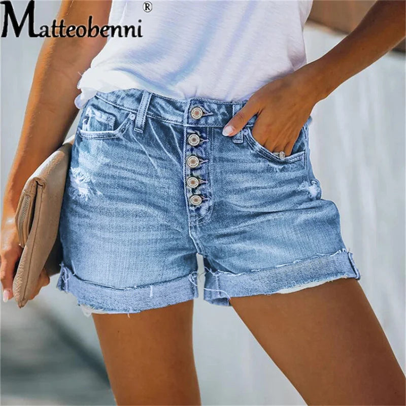 Summer Women Sexy High Waist Jeans Ripped Casual Slim Female Fashion Elastic Blue Buttons Washed Short Denim Shorts