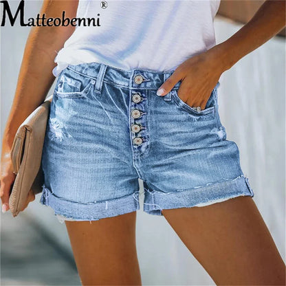 Summer Women Sexy High Waist Jeans Ripped Casual Slim Female Fashion Elastic Blue Buttons Washed Short Denim Shorts