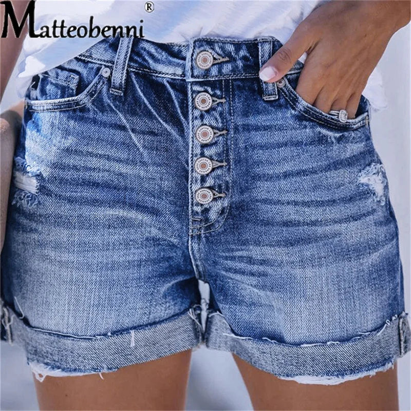 Summer Women Sexy High Waist Jeans Ripped Casual Slim Female Fashion Elastic Blue Buttons Washed Short Denim Shorts