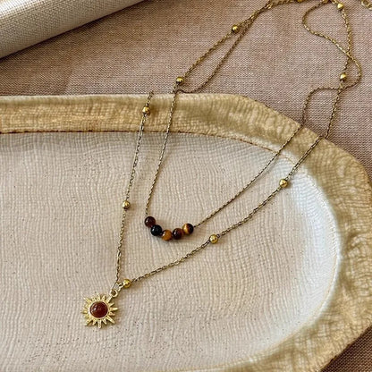 Fashion Brown Natural Stone Pendant Necklace Aesthetic Jewelry Golden Metal Chain Double-layer Necklace for Women Girls Gift