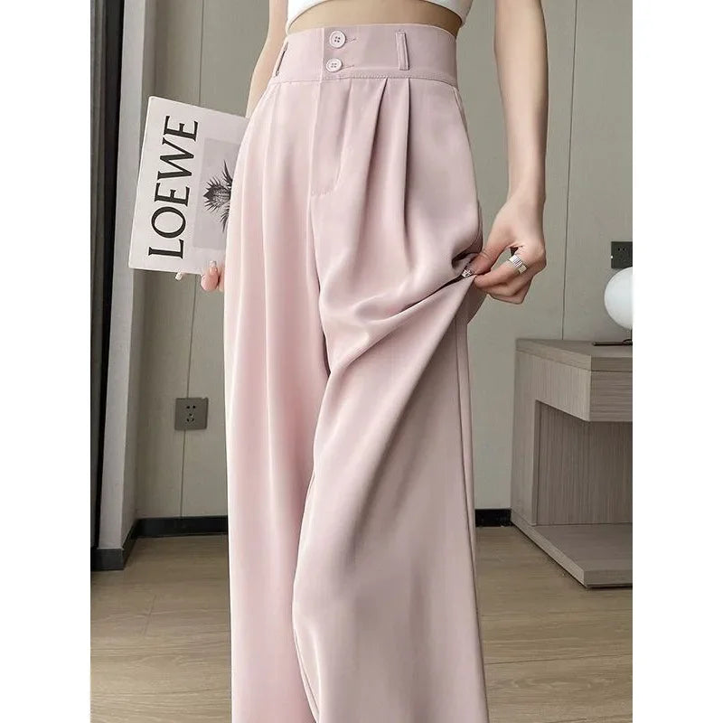 Summer Thin Pink Straight-Leg Ice Silk Bell Bottoms High-Waisted Slim Fit Women&