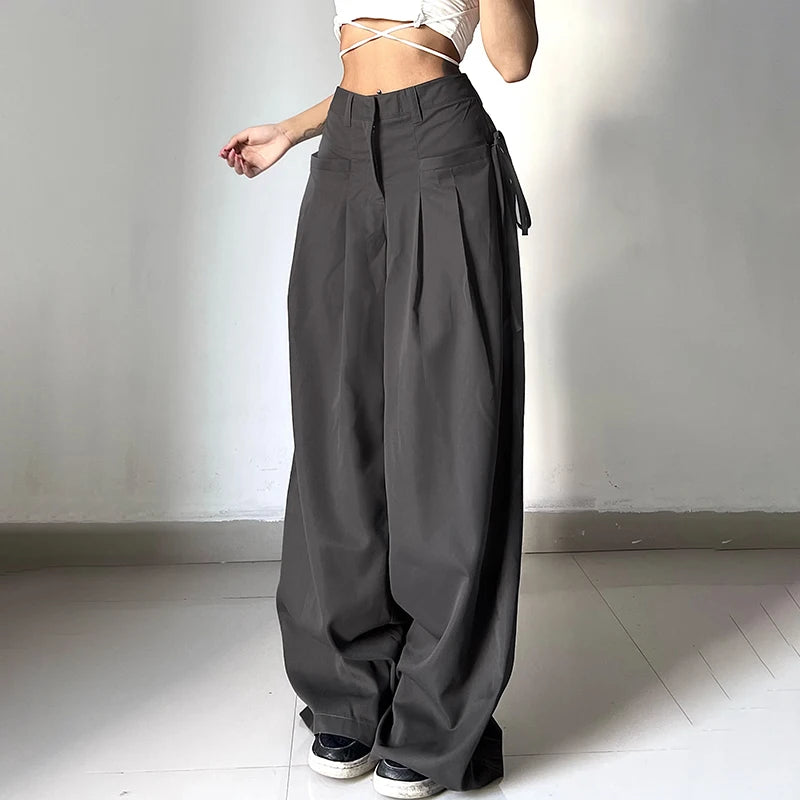 Shirring Casual Wide Leg Pants Women High Waist Street Basic Loose Sweat Trousers Korean Retro Gray Office Y2K Lady Pants