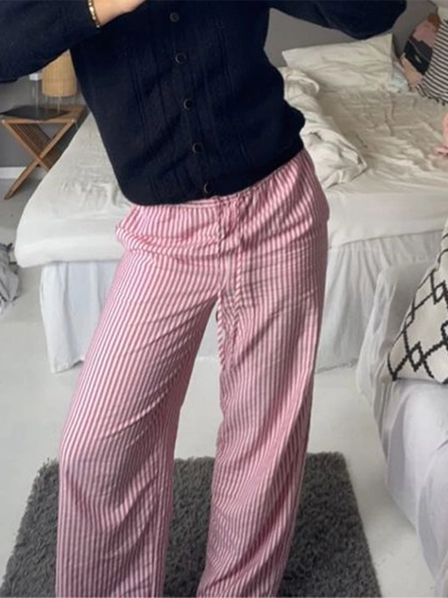 2024 New Fashion Traf Women Casual Stripe Print Pants Drawstring Elastic Waist Loose Straight Long Pants with Pockets Streetwear