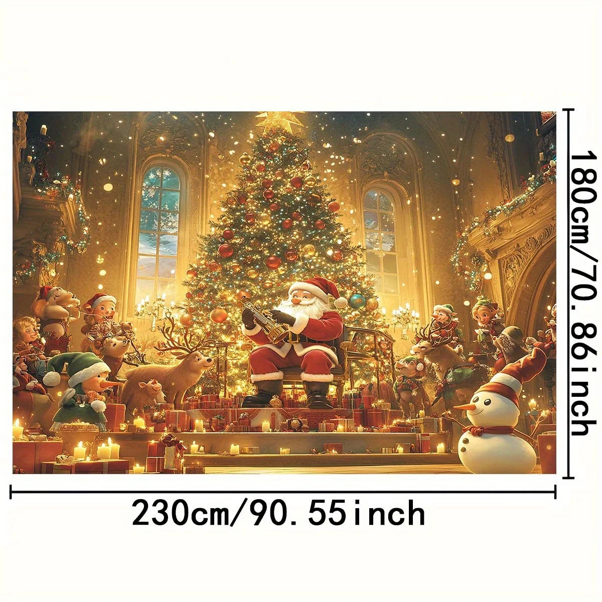 Christmas themed background, including Santa Claus, deer, holiday tree, and candles