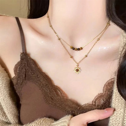 Fashion Brown Natural Stone Pendant Necklace Aesthetic Jewelry Golden Metal Chain Double-layer Necklace for Women Girls Gift