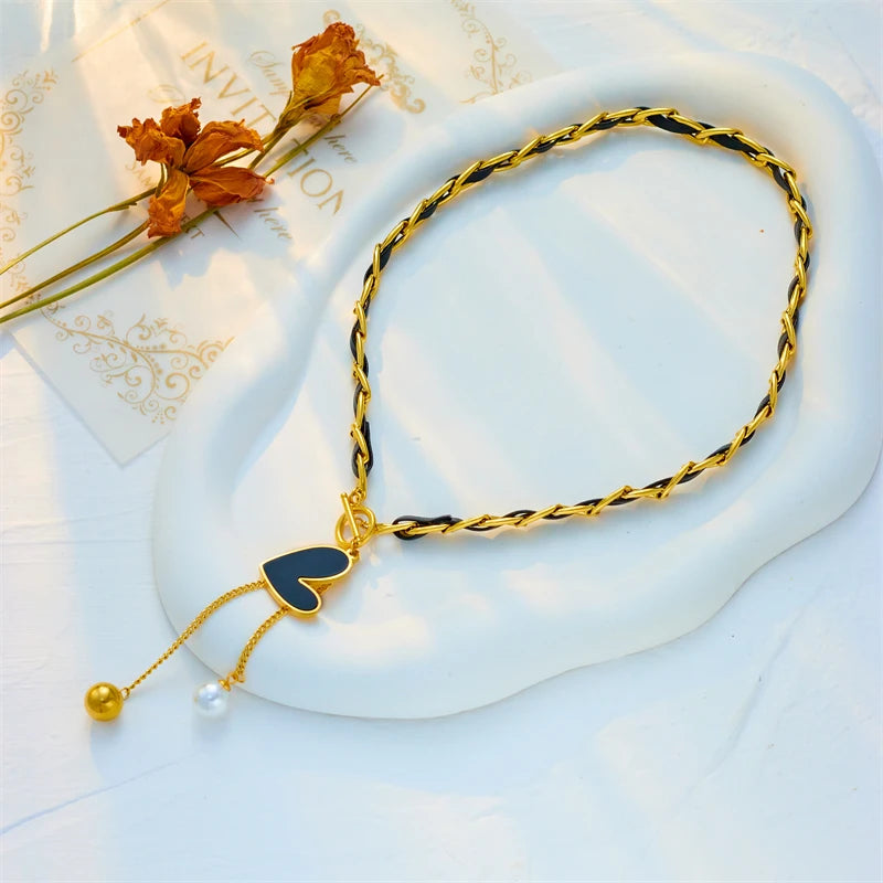 DIEYURO 316L Stainless Steel Black Heart Pearl Ball Pendant Necklace For Women Fashion Girls OT Clasp Leather Chain Jewelry Gift