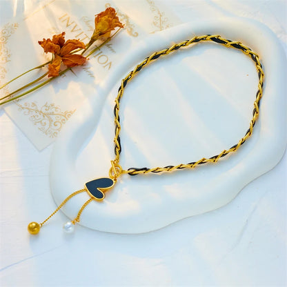 DIEYURO 316L Stainless Steel Black Heart Pearl Ball Pendant Necklace For Women Fashion Girls OT Clasp Leather Chain Jewelry Gift