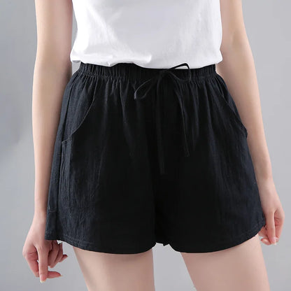 Women Shorts Summer 2025 Korean Wide Leg Casual Solid Drawstring Elastic Waist Shorts Girls Cotton Women&